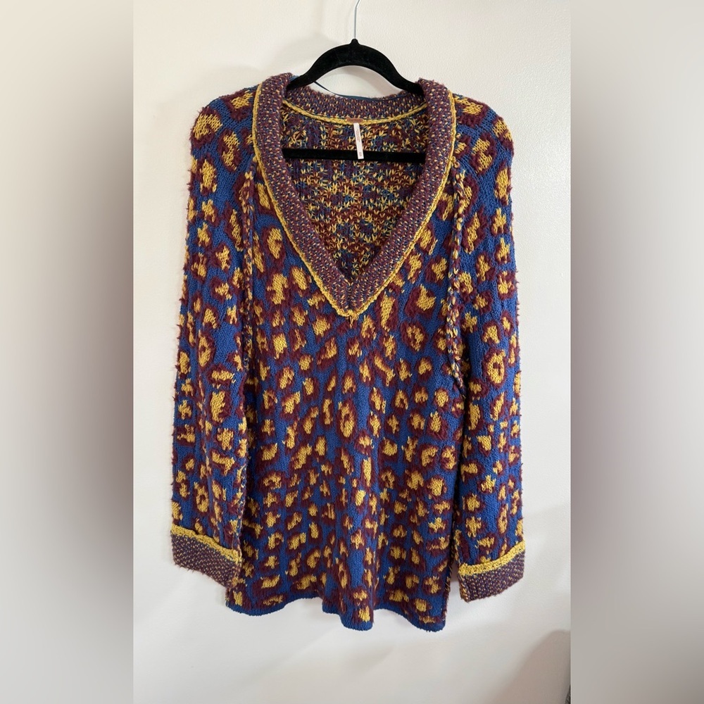 Free People Little Animal Knit V-Neck Sweater in Blue Fig - Picture 2 of 7